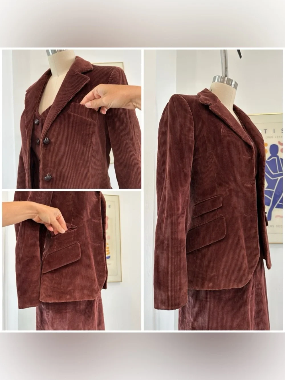 Vintage 60βs/70βs Brown Three-Piece Corduroy Skirt Suit - Picture 11 of 16
